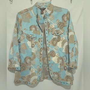 Multiples Womens Jacket Size L Sky Blue Jacquard Fabric Brown Floral Gromet Trim